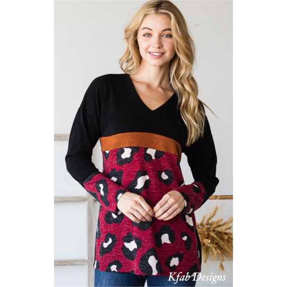 ❤️LAST 1! V Neck Soft Ribbed Color Block Animal Print Contrast Top! - Picture 9 of 12